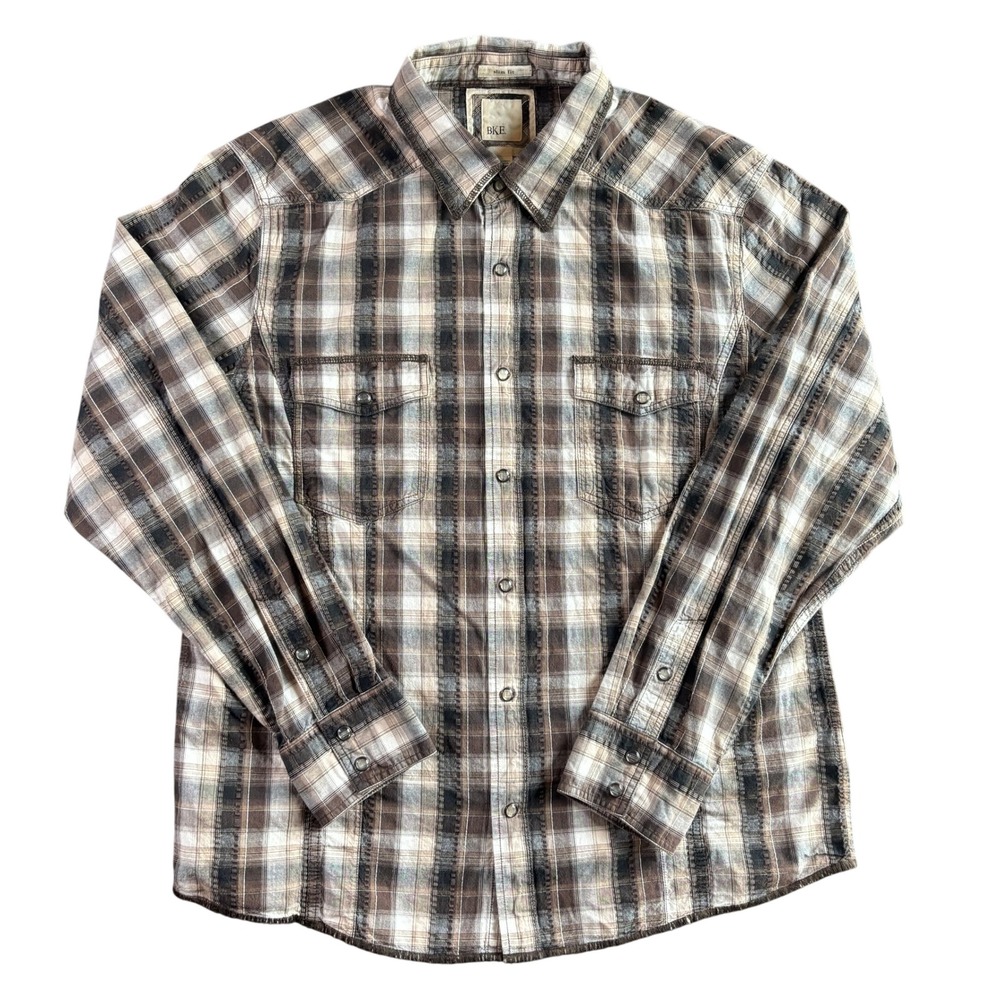 BKE Mens XL Slim Fit Brown Plaid Western Snap Front Long Sleeve Shirt Textured